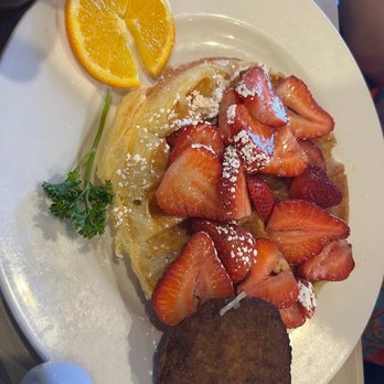 The Palms Cafe - Waffle strawberry with sausage. - Cafes Near Me - La Quinta, California