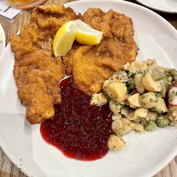 Gilde Brewery - @sunshineefoodiee VEAL SCHNITZEL with legonberry and POTATO SALAD - Breweries Near Me - Charlotte, North Carolina