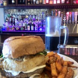 BBQ Bacon Cheeseburger on wheat with sweet potato fries