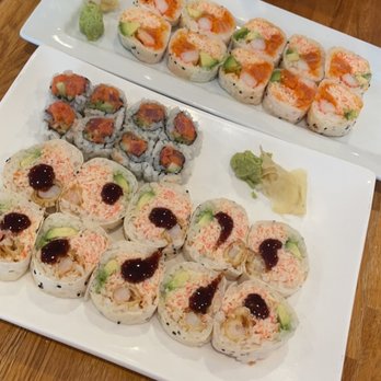 Sushi Yama - Rock N Roll (bottom) Spicy Tuna Roll (middle) Pink Lady Roll (top) - Sushi Bars Near Me - Baton Rouge, Louisiana