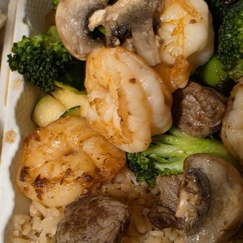 Hibachi Express Japanese Restaurant - Close-up of the Filet Mignon and Hibachi Shrimp, with broccoli, zucchini, onions, mushrooms,  and fried rice. - Japanese Near Me - Roanoke, Virginia