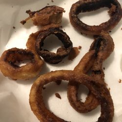 Bob's Lounge - Can't believe they actually sold me these onion rings to go! Told them not to over cook the chicken but they do this to onion rings!!