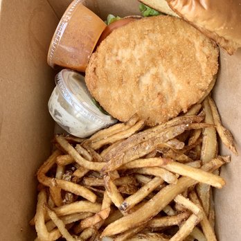 Golden West Cafe - Vegan Buffalo Chicken Sandwich with garlic fries with no garlic - Cafes Near Me - Baltimore, Maryland