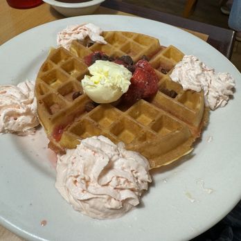 Granbury Pancake House - Strawberry Fields Waffle with Chocolate Chips - Pancakes Near Me - Granbury, Texas Granbury Pancake House - Strawberry Fields Waffle with Chocolate Chips - Pancakes Near Me - Granbury, Texas