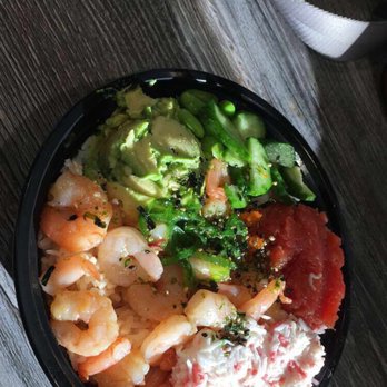 Ahipoki - White rice with shrimp & spicy tuna. Topping was crab salad , cucumber, seaweed salad, edamame and avocado. - Poke Near Me - Tempe, Arizona