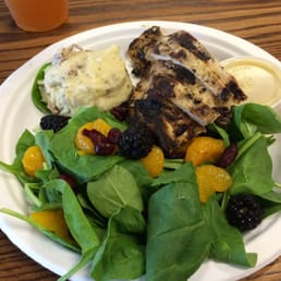 Grilled chicken with baby spinach salad and mashed potatoes. $8.50. Tasty and relatively healthy. Grilled chicken with baby spinach salad and mashed potatoes. $8.50. Tasty and relatively healthy.