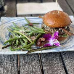 High Tide Social House - Gorgonzola stuffed burger with garlic Parmesan green beans