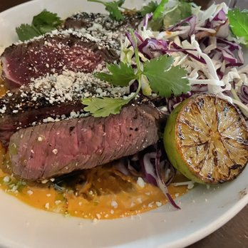 Red Light Lounge - Steak and masa - 8oz top sirloin, guajillo masa sope, smoked Gouda, pinto beans, cabbage, salsa roja - New American Near Me - Tucson, Arizona
