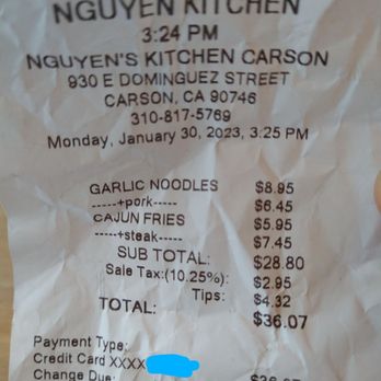 Nguyen's Kitchen - They wanted 20% tips for counter ordering. We paid 15%. They didn't even bring us the food. Where is the service? - Asian Fusion Near Me - Carson, California Nguyen's Kitchen - They wanted 20% tips for counter ordering. We paid 15%. They didn't even bring us the food. Where is the service? - Asian Fusion Near Me - Carson, California