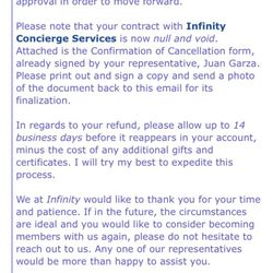 Infinity Concierge Services - Shows they promised a refund (which was never received) in 14 business days.