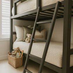 Annabelle's Fine Furniture & Interior Design - Inviting kids' bunk room with soft bedding, neutral tones, and playful stuffed animals for a cozy feel.