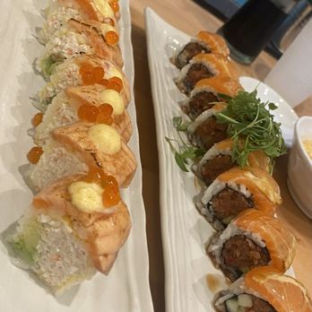 Tora Tora Sushi - Salmon Belly Truffle Roll (left) Lemon Cilantro Roll (right) - Asian Fusion Near Me - San Diego, California