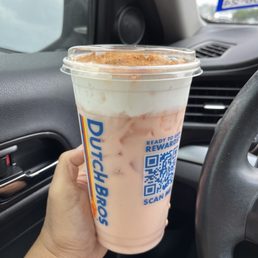 Iced strawberry horchata chai with soft breve and cinnamon sprinkles Iced strawberry horchata chai with soft breve and cinnamon sprinkles
