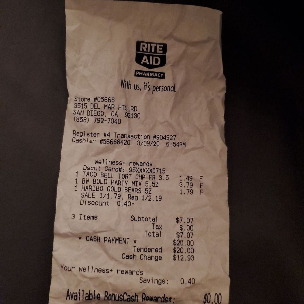 Rite Aid - a receipt for a rite aid - Drugstores Near Me - San Diego, California Rite Aid - a receipt for a rite aid - Drugstores Near Me - San Diego, California