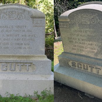 Tended Stone - This stone required a deep clean. This is after the first day of treatment. - Funeral Services & Cemeteries Near Me Tended Stone - This stone required a deep clean. This is after the first day of treatment. - Funeral Services & Cemeteries Near Me
