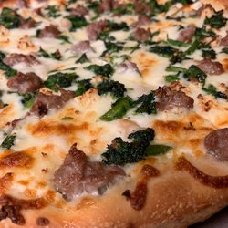 New Milford Pizza Station - The One with Sausage and Broccoli Rabe (white pizza with fresh sausage, broccoli rabe, garlic and white beans)