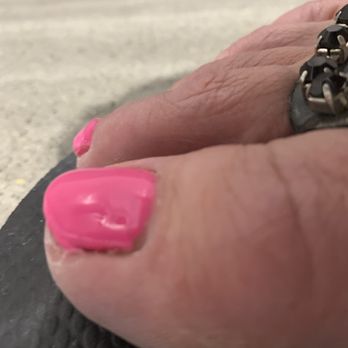 Signature Nails - 25min after pedi Gel Paint thick bumpy Not even covered nails Just a thick coat of gel kept adding more color n gel lamp to dry the extra - Nail Salons Near Me - Murrells Inlet, South Carolina