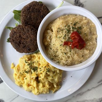 Brush Park Brunch - Salmon croquettes, grits, scrambled eggs with cheese - Breakfast & Brunch Near Me - Detroit, Michigan Brush Park Brunch - Salmon croquettes, grits, scrambled eggs with cheese - Breakfast & Brunch Near Me - Detroit, Michigan