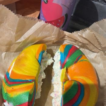 Liberty Bagels - Birthday cake cream cheese on a rainbow bagel - Bagels Near Me - New York, New York