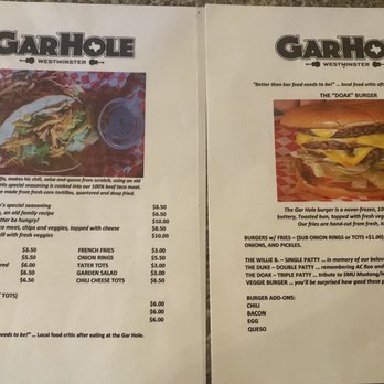 Gar Hole - Front & back of menu. - Bars Near Me - Anna, Texas