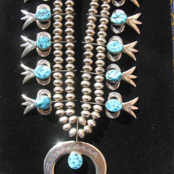 American Antique Mall - Navajo squash blossom necklace with "Sleeping Beauty" turquoise, set in sterling. - Antiques Near Me - Tucson, Arizona