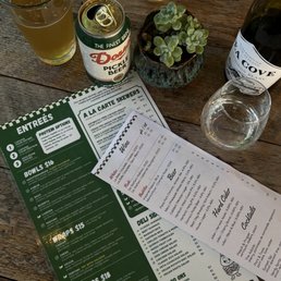 Menu, pickle beer, wine