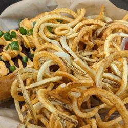 Harley's A Hot Dog Revolution - Surf 'N Turf Dog (andouille sausage, fried shrimp, green onions) and Potato Nest