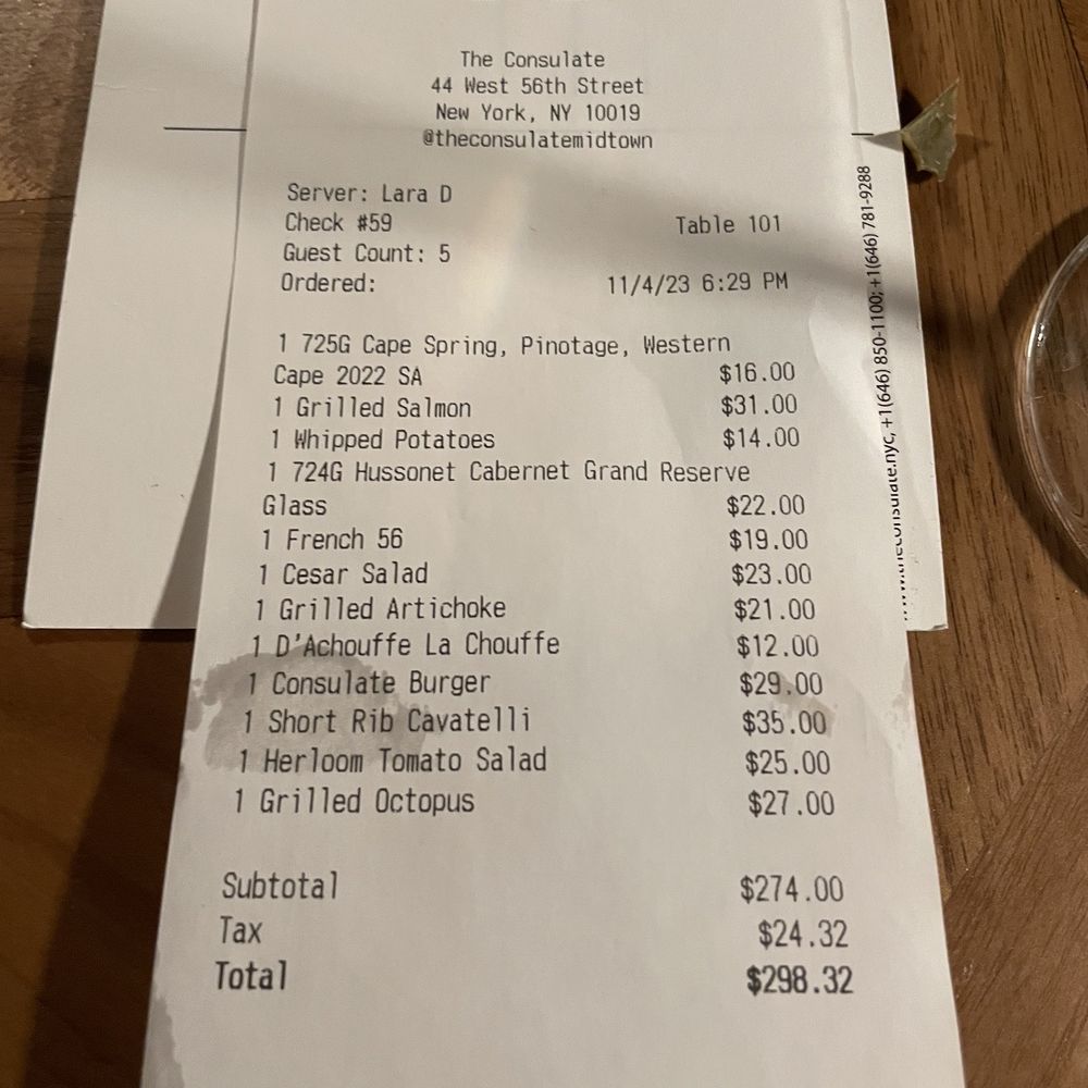 The Consulate - Midtown - Final bill for 5 people so not bad! - French Near Me - New York, New York The Consulate - Midtown - Final bill for 5 people so not bad! - French Near Me - New York, New York