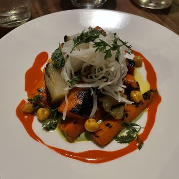 Bûcheron - Grilled Carrots (kohlrabi, chickpea, cilantro yogurt, sweet & sour sauce, vadouvan vinaigrette) - French Near Me - Minneapolis, Minnesota