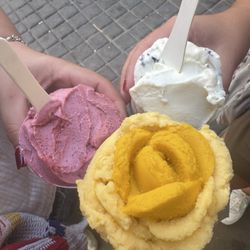 Amorino - Pear hibiscus sorbet, passion fruit and mango sorbet, stracciatella and coconut gelato