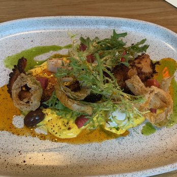 Olive & Sea - Charred octopus, saffron tzatziki, pickled turnips, fried onions - Mediterranean Near Me - Fort Lauderdale, Florida Olive & Sea - Charred octopus, saffron tzatziki, pickled turnips, fried onions - Mediterranean Near Me - Fort Lauderdale, Florida