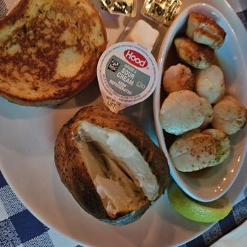 Hill's Seafood - Scallops broiled, with baked potato - Seafood Near Me - Rockland, Maine Hill's Seafood - Scallops broiled, with baked potato - Seafood Near Me - Rockland, Maine