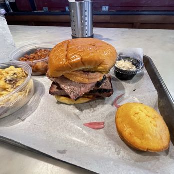 Hoggy's Restaurant and Catering - Brisket Philly with baked beans and cheesy potatoes - Barbeque Near Me - Columbus, Ohio