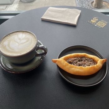 Sama Coffee Shop - Pistachio coffee and beef sausage pastry. - Coffee & Tea Near Me - San Mateo, California