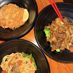 Shrimp Pad Thai Noodles, Beef Pad See Ewe Noodle, and Beef Spicy Udon Noodles