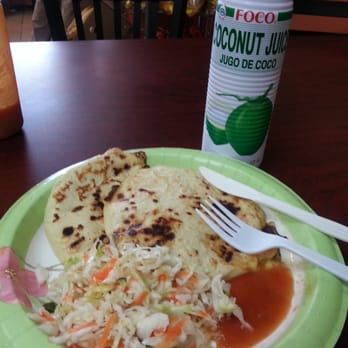 Karina Restaurant Salvadoreno - Pork and cheese Papusas.   Of course I had to have coconut juice. - Salvadoran Near Me - Marietta, Georgia