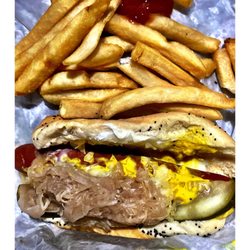 Skyway Dog House - Shaggy Dog & Fries (mustard onions pickle swiss cheese & sauerkraut !!) total less than 5$! @ Skyway Dog House.Chicago, IL .Drive Thru.Cool!