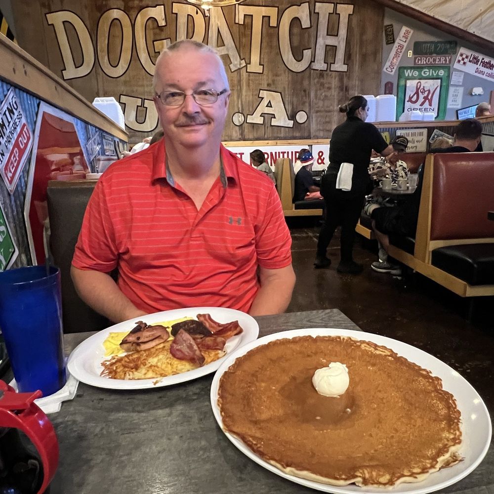 Billy Gail's - One of the breakfast plates that came with a 14" pancake. - American Near Me - Branson, Missouri Billy Gail's - One of the breakfast plates that came with a 14" pancake. - American Near Me - Branson, Missouri