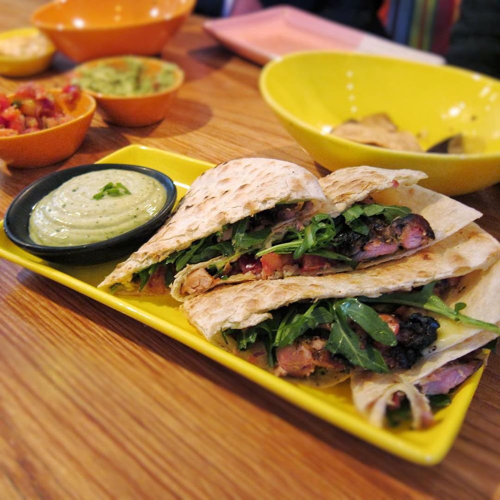 Grilled chicken quesadilla; rocket, pico de gallo, pasilla chilli, jalapeño-basil aioli, fresh lime ($16) Grilled chicken quesadilla; rocket, pico de gallo, pasilla chilli, jalapeño-basil aioli, fresh lime ($16)