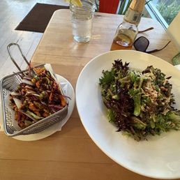 Pea mushroom salad and duck tacos