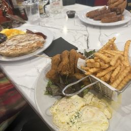 Cinnamon Roll Pancakes, Granny's Fried Chicken Dinner, Chicken & Waffles