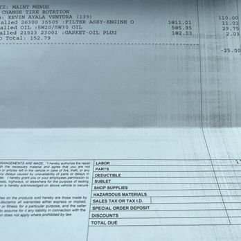 Ourisman Chantilly Kia - The receipt for an oil change and tire rotation on a 2021 Kia Soul - Car Dealers Near Me - Chantilly, Virginia