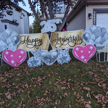 Yard Greetings YYC - Happy Anniversary tags with silver add-ons for this 25th in Douglasdale. - Party Equipment Rentals Near Me Yard Greetings YYC - Happy Anniversary tags with silver add-ons for this 25th in Douglasdale. - Party Equipment Rentals Near Me
