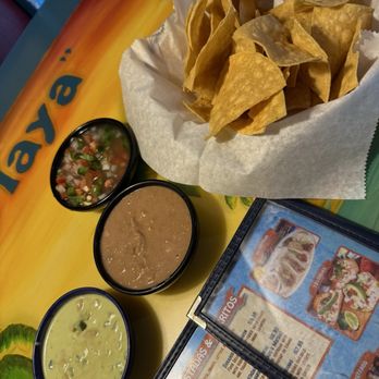 Mariscos La Playa - Chips with sides of pico de gallo, refried beans and a pico mix with sour cream. - Seafood Near Me - Albuquerque, New Mexico