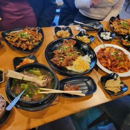 Chicken bulgogi, beef rib soup, spicy squid and pork belly Chicken bulgogi, beef rib soup, spicy squid and pork belly