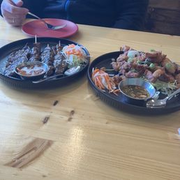Beef skewers, crispy pork belly.