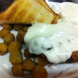 M's Main Street Cafe - Chicken fries steak, potatos and gravy, fried okra