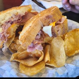 Grilled Ham and Cheese on homemade white bread with kings potato chips