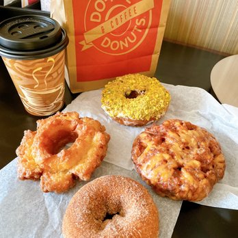 Do-Rite Donuts & Chicken - Pistachio-Meyer Lemon Donut, Buttermilk Old-Fashioned Donut, Gluten-Free Cinnamon Sugar Donut, Michigan Apple Fritter, small-sized coffee - Donuts Near Me - Chicago, Illinois