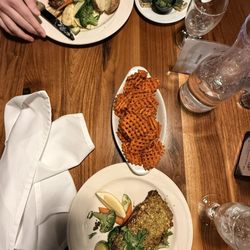The Grill at Pine Mountain Lake - pistachio salmon, sweet potato fries, new york steak